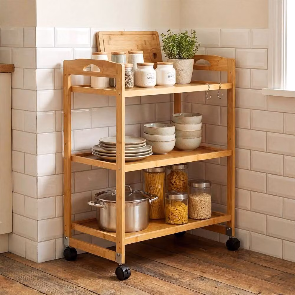 KORVIXA 3-Tier Bamboo Rolling Utility Cart with Adjustable Shelves in Natural Brown, H 90 cm x W 72 cm x D 40 cm – 2