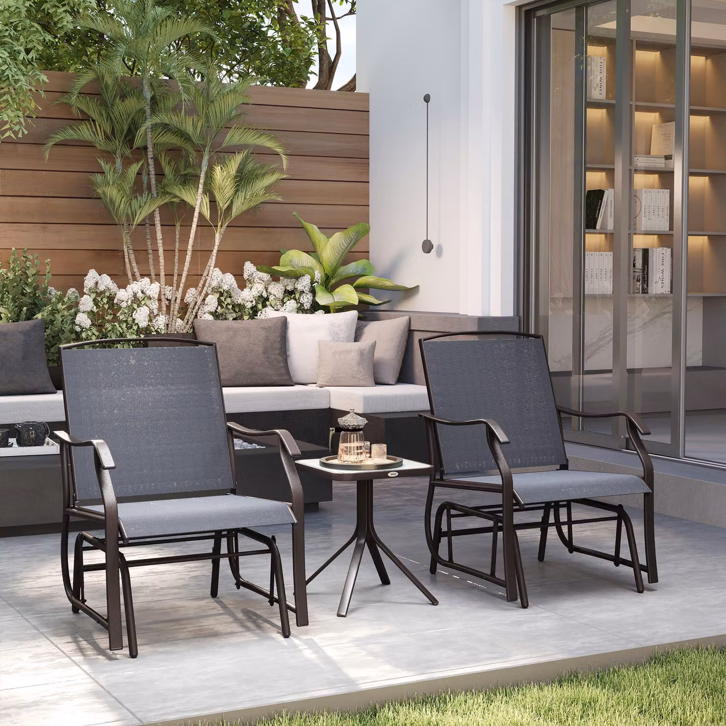 Outsunny Grey Glider Rocking Chair and Square Glass Table Bistro Set for Garden, Terrace or Balcony – 2