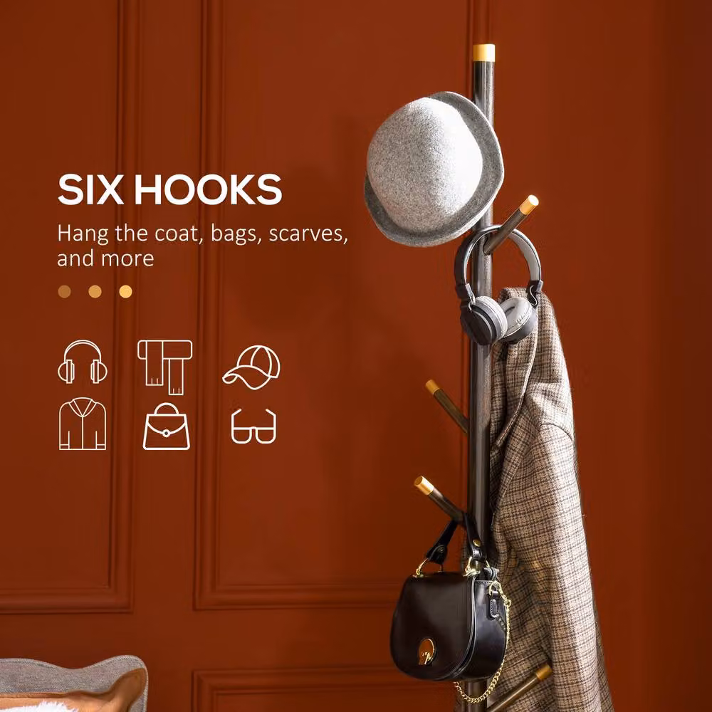 STILVORA Modern Bamboo Coat Rack Stand with 6 Hooks in Brown and Gold, H 180 x W 36 x D 15 cm – 5