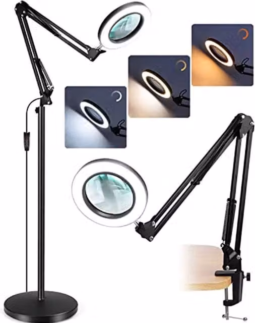 Kelvenix Black Floor Standing LED Magnifier Lamp with Dimmable Light and Height Adjustment