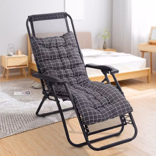 Livingandhome Linen Checked Stripe Chaise Lounge Chair Cushion in Black, 160 cm