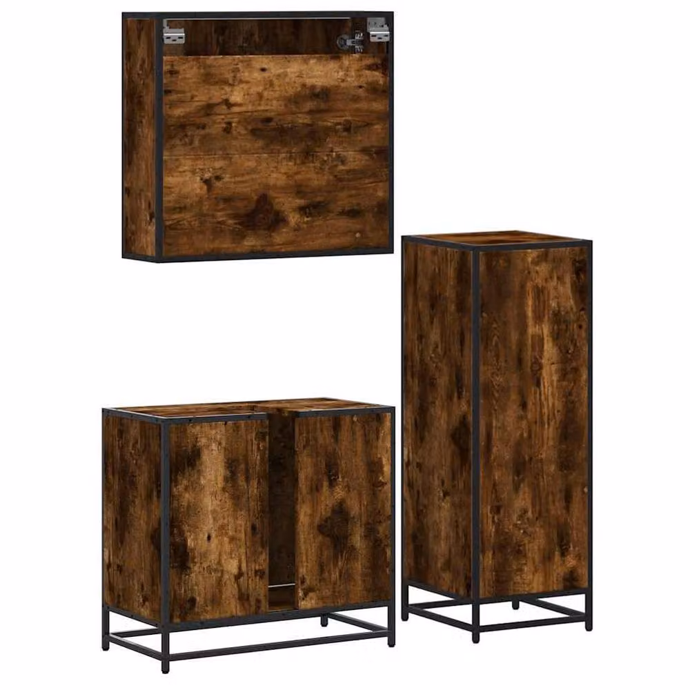Berkfield Home 3 Piece Industrial Bathroom Furniture Set in Smoked Oak Brown featuring Mirror Cabinet, Vanity Unit and Tall Cabinet – 4