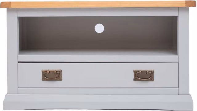 Cabinet Bits Loreo 1 Drawer TV Cabinet in Light Grey Waxed Pine with Brass Drop Handle
