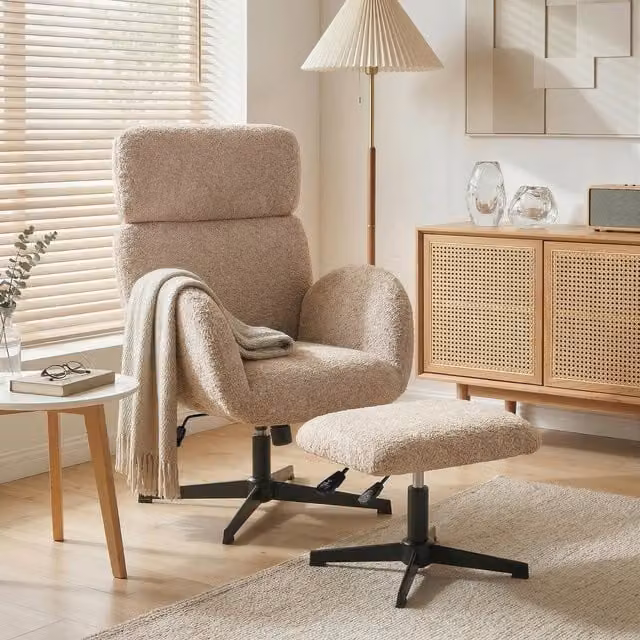 HOMCOM Scandinavian Style Bouclé Swivel Armchair with Ottoman in Beige and Brown