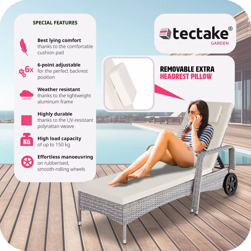 tectake Cassis Sun Lounger in Grey with Weatherproof Cushions and Adjustable Headrest – 2