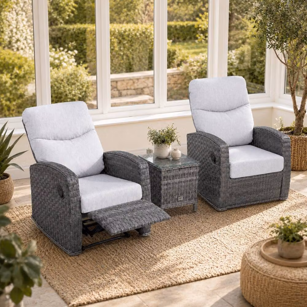 Shatchi Verona 2 Seater Rattan Reclining Bistro Set with Dark Grey Cushions – 4