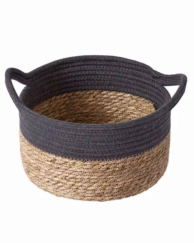 Dibor Traditional Seagrass Indoor Storage Basket with Handles, Grey and Sand, H: 15 cm, D: 26 cm – 2