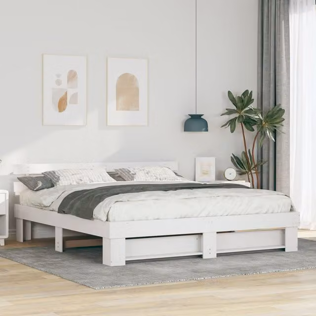 Berkfield Home White Solid Pine Wood Bed with Headboard W/D/H: 200 x 200 cm – 1