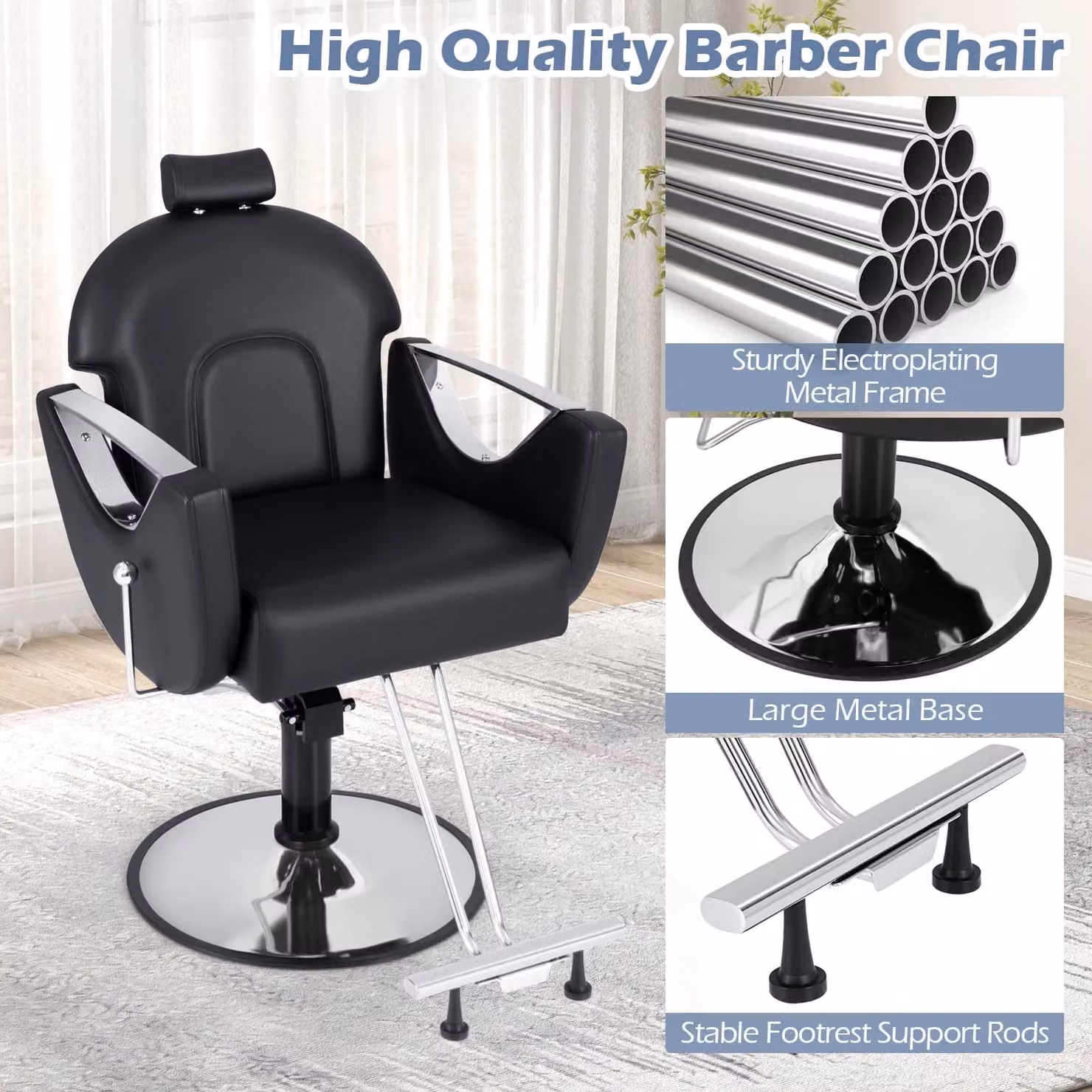Costway Reclining Barber Chair with 360 Degree Swivel for Professional Hair Styling in Black – 6