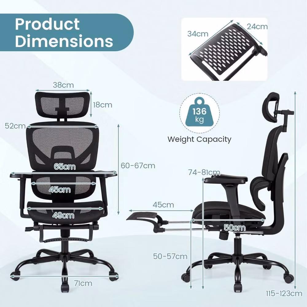 EONLION Ergonomic Mesh Office Chair with Footrest and Headrest in Black – 2