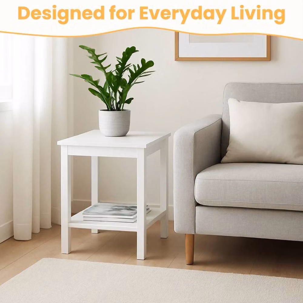 PAWNORA 2 Tier White Matt Finish MDF Side Table with Shelf – 2