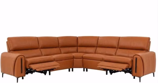 Furnishings For Less UK Aria L Shaped 5 Seater Electric Recliner Sofa in Tan Synthetic Leather with USB Charging and Scatter Cushions