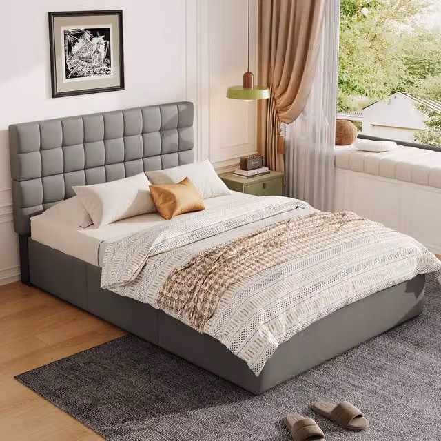 Rolipo Grey Upholstered Double Bed with Hydraulic Storage and Drawers, W/D/H: 135 x 190 x 137 cm