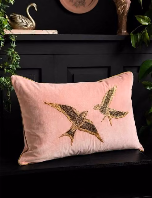 Rockett St George Beaded Love Birds Piped Cushion in Pink Mix