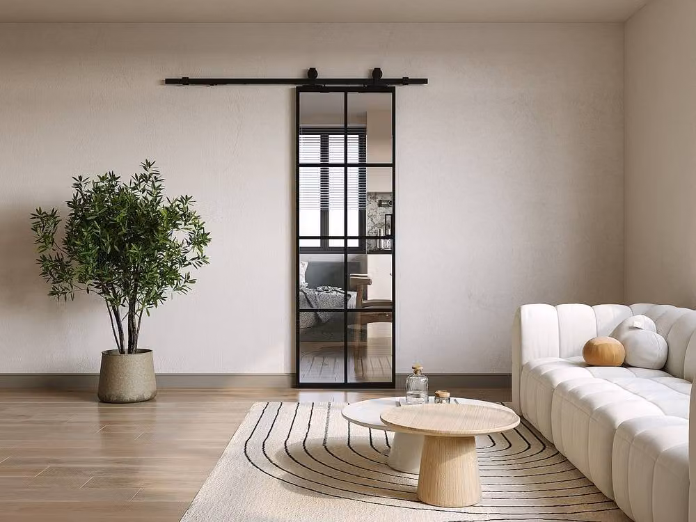 Vente-unique Surface-Mounted Reversible Sliding Door in Black Aluminium and Tempered Glass, H: 205 cm – 2
