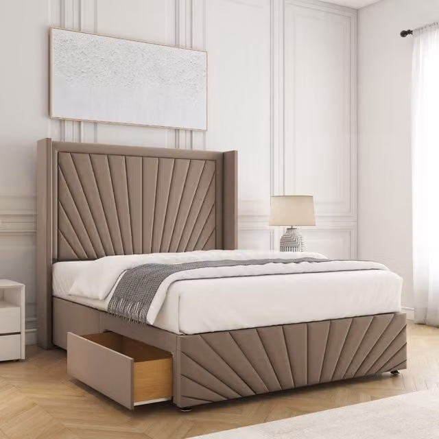 BSSPOKE Nola Double Divan Bed in Bronze Plush Velvet with 54 inch Headboard and 2 Drawers, W/D/H: 140 x 200 x 30.48 cm