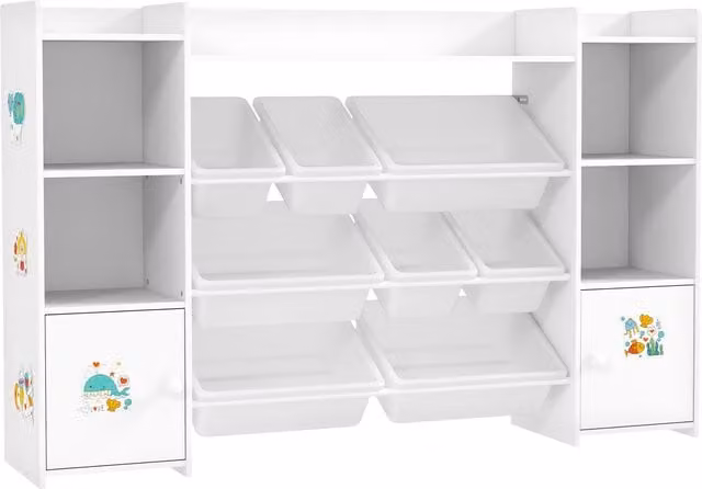 AIYAPLAY Kids Toy Organiser and Storage Unit with 8 Removable Bins and Bookshelf, White