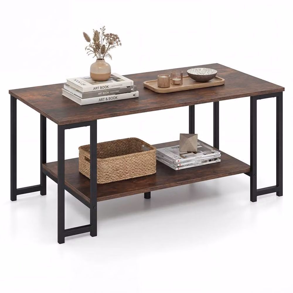 Costway 2-Tier Rectangular Coffee Table with Shelf in Brown – 3