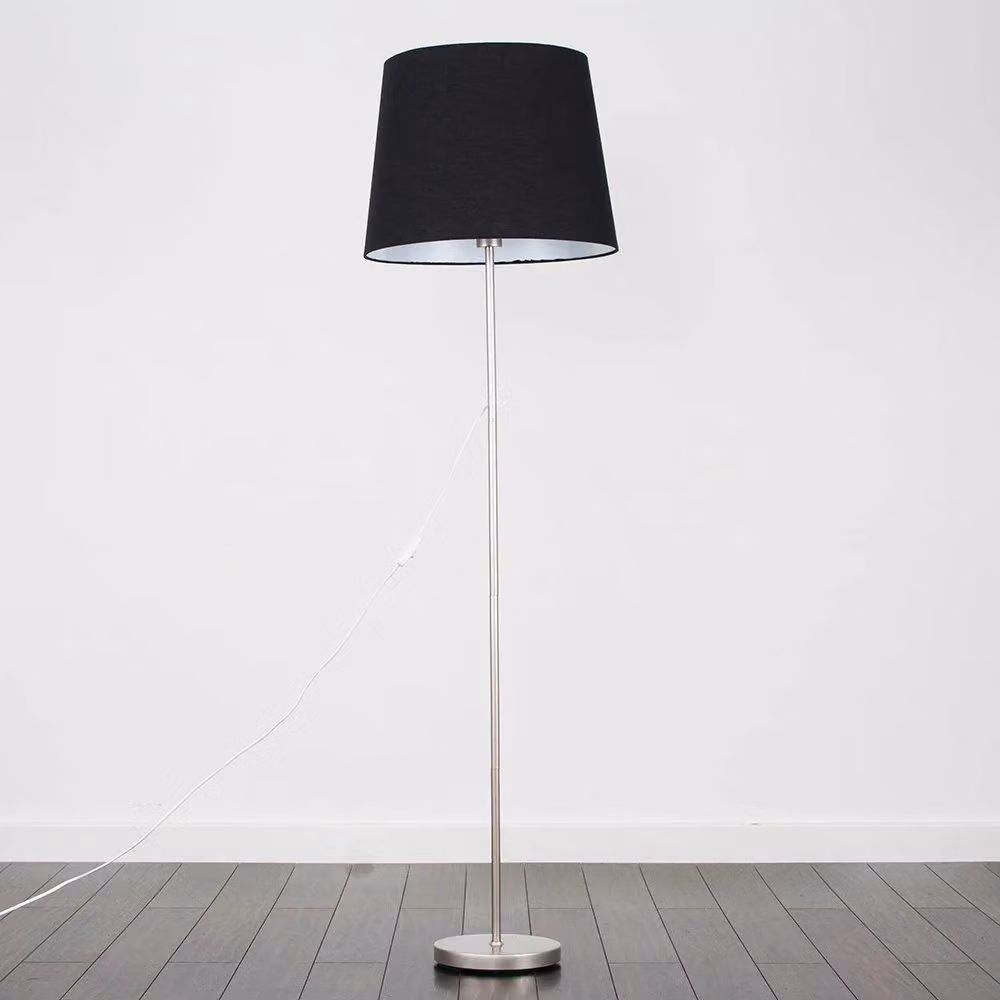 ValueLights Modern Brushed Chrome Floor Lamp with Black Fabric Tapered Shade – 2