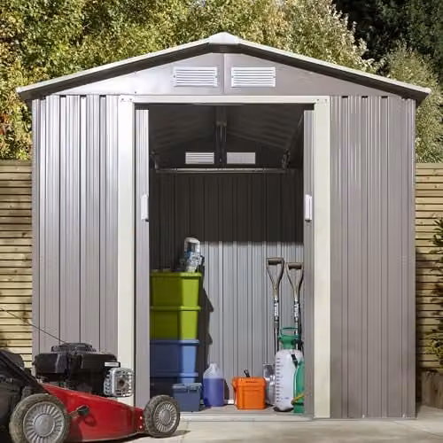 Rowlinson Trentvale 6x4 Metal Apex Shed in Light Grey with Foundation Kit and Double Doors – 1