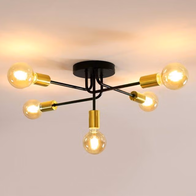 Pheashine Industrial 5-Light Ceiling Light in Black and Gold/Brass with E27 Bulbs Included – 1