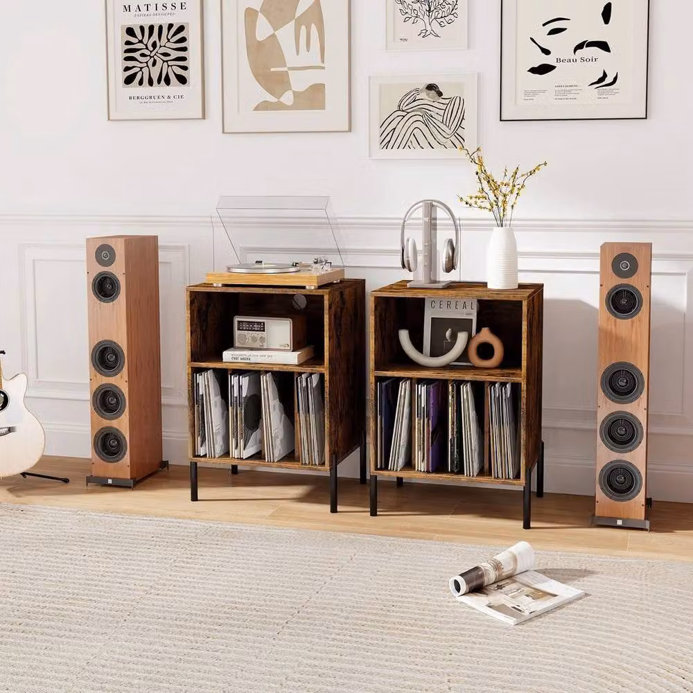 SPETLEK Industrial Record Player Stand in Brown with Media Compartments – 2