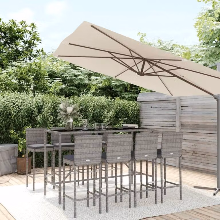 Berkfield Home Beautiful 9 Piece Grey Poly Rattan Garden Bar Set with Cushions