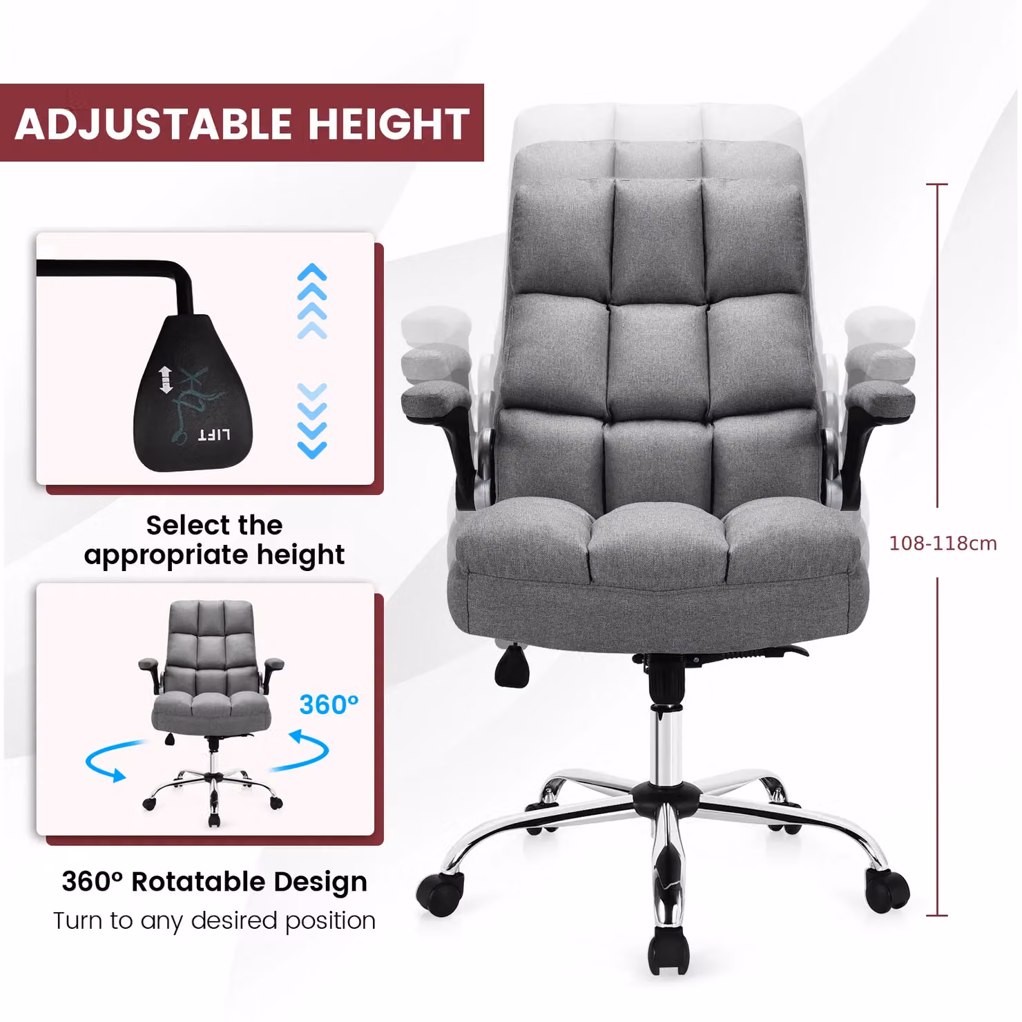 Costway Executive Ergonomic Office Chair in Grey with High Back, Swivel Function and Armrests – 4