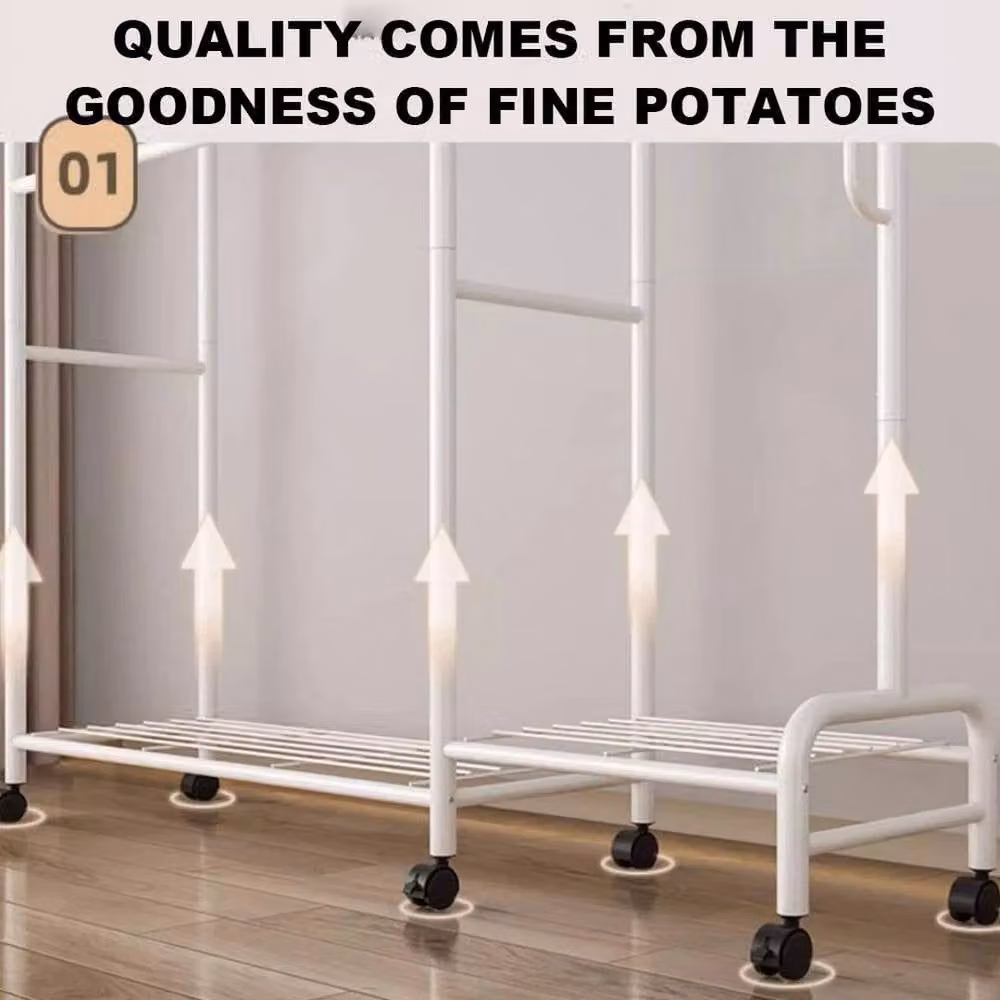 EONLION Heavy Duty Metal Double Rail Clothes Hanging Rack and Shelf Display Stand in Matt White – 3
