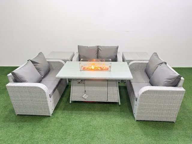 Fimous 6 Seater PE Wicker Rattan Garden Furniture Set in Light Grey with Firepit Dining Table, 2 Seater Love Sofa and 2 Side Tables