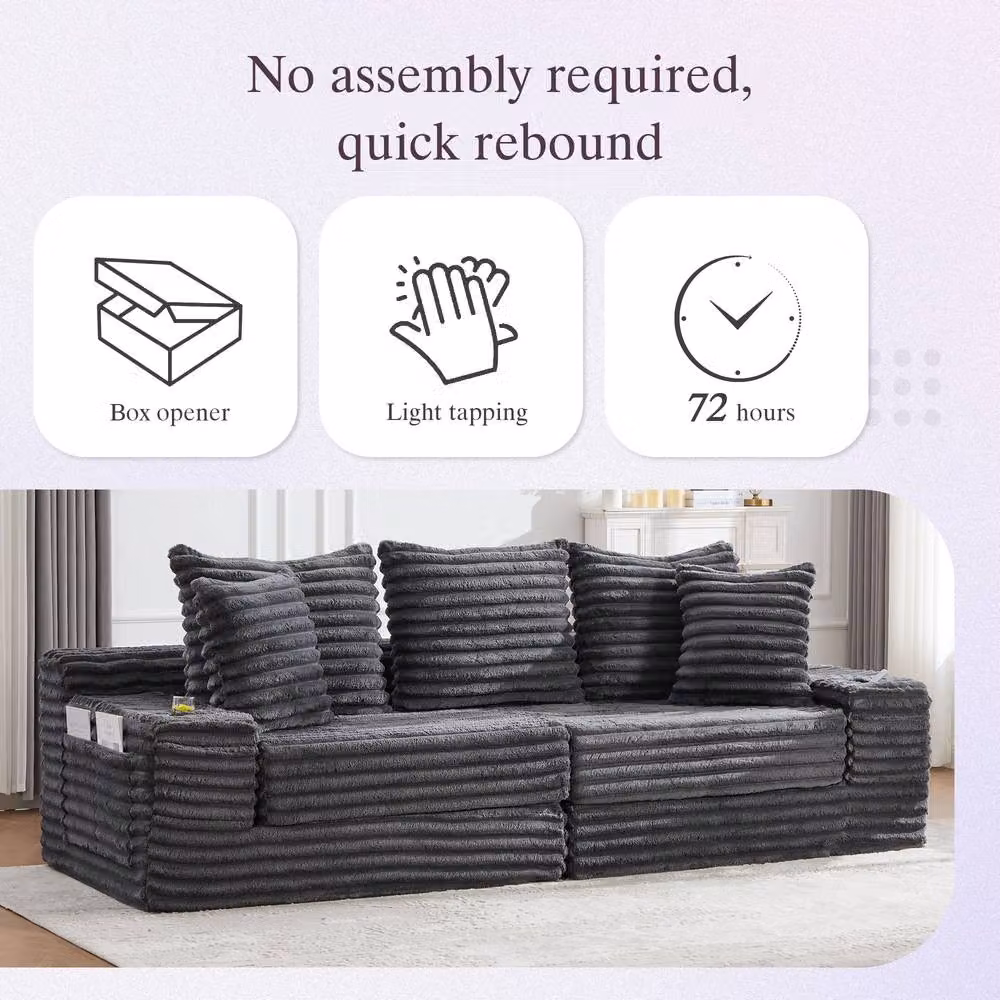 BTM Corduroy Convertible Sleeper Sofa with Cup Holders, Grey, W/D/H: 273 x 87 x 72 cm – 6