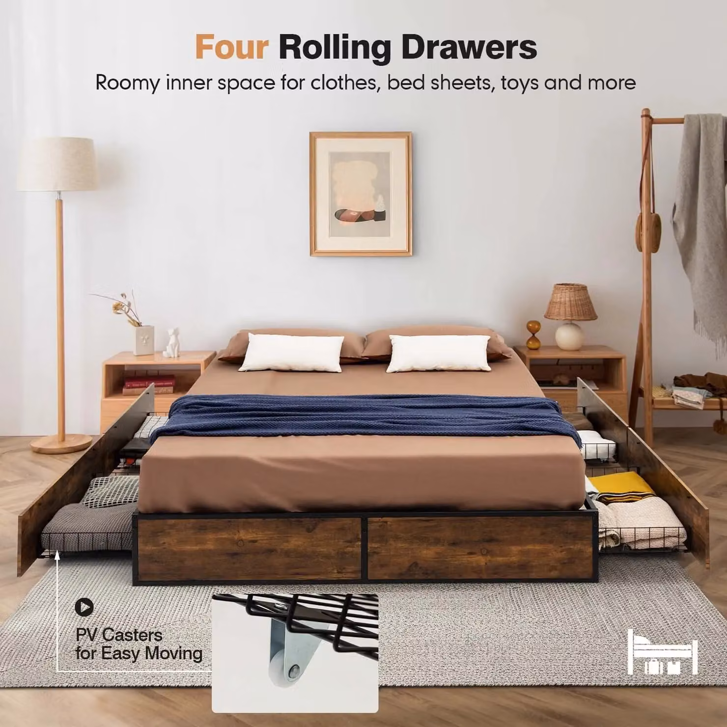 Costway Double Iron Bed Frame with 4 Underbed Storage Drawers in Brown, W/D/H: 140 x 200 cm – 5