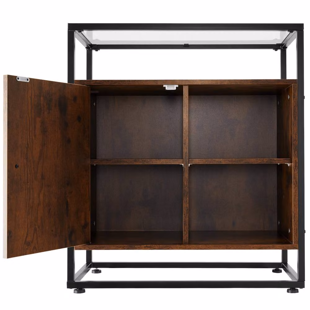 tectake Coventry Sideboard with Glass Tabletop and Open Shelves in Brown and Black – 9