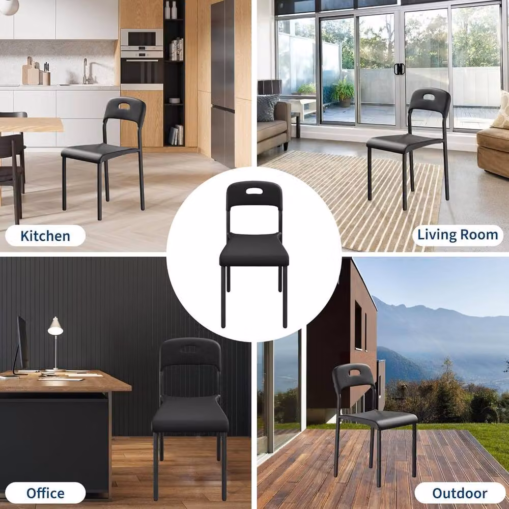 London Boutique Set of 2 Modern Stackable Black Plastic and Metal Kitchen Side Chairs – 6