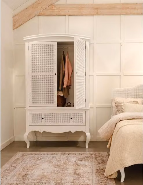 Louis Combi Double Wardrobe with Cane Rattan Doors in White, H 216 x W 126 x D 65 cm
