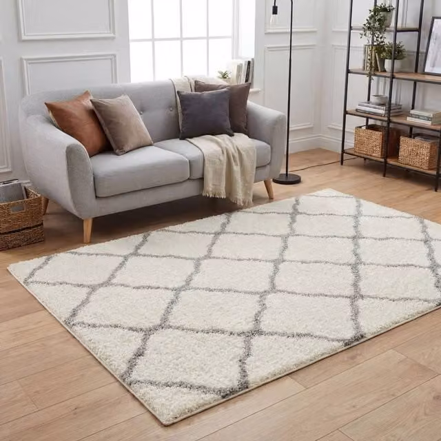 THE RUGS Moroccan Soft High Pile Shaggy Lattice Rug, Off-White, W/D/H: 60 x 110 cm