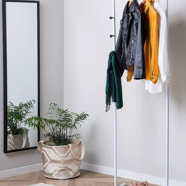 Wyld and Coco Nexa Living White Metal Freestanding Clothes Rail with Four Hooks, H: 175 cm, W: 50 cm, D: 50 cm – 1