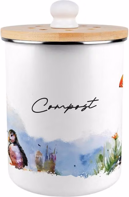 Purely Home Seaside Puffins Metal Compost Caddy with Flip Lid, 2 l, White