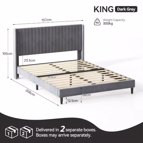 MCC Direct Charlie Velvet Upholstered King Size Bed Frame in Grey, W/D/H: 180 x 200 x 105 cm – 2