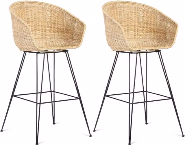Set of 2 Porto Bar Wicker Stools in Natural Rattan and Metal with Beige and Yellow Fabric Seats