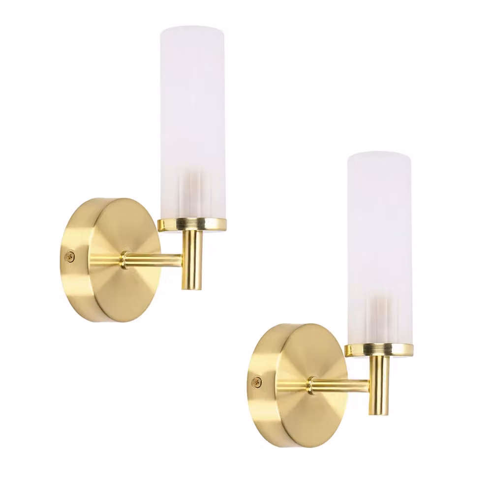 ValueLights Canya Pair of Brushed Gold IP44 Rated Bathroom Frosted Reeded Glass Wall Lights – 2