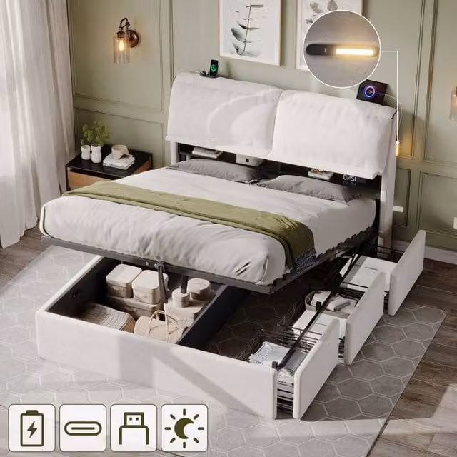 ModernLuxe Upholstered King Ottoman Bed in White with Flip-Top Storage, Integrated Reading Light and USB Charging Port, W: 160 cm, L: 200 cm, H: 115 cm – 1