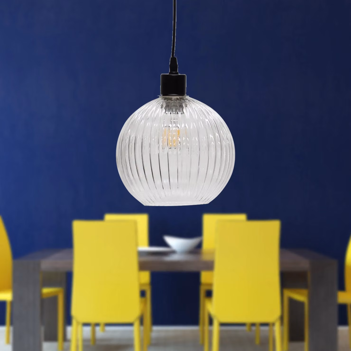 First Choice Lighting Betchley Set of 2 Suspended Pendant Lights with Transparent Ribbed Glass Globes and Black Metal Accents – 3