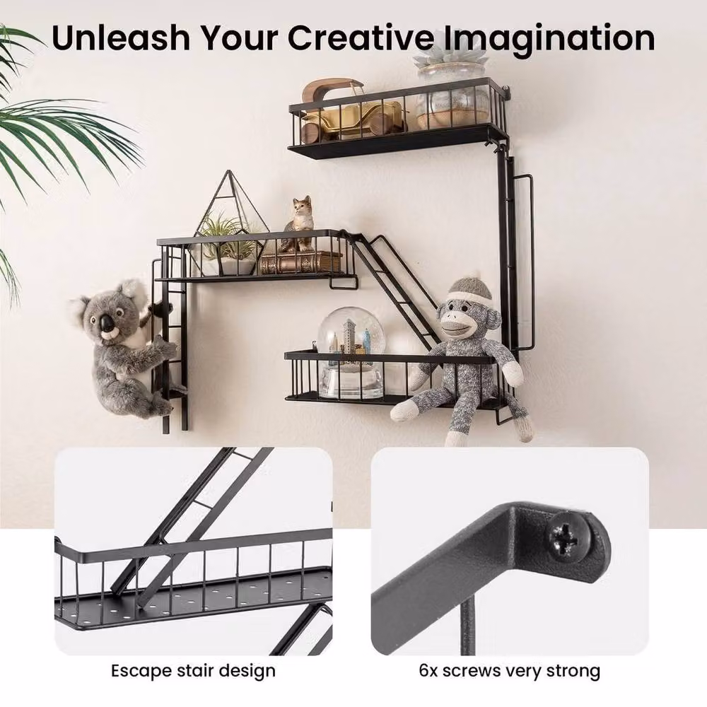 KORVIXA Fire Escape 3 Tier Wall Mounted Floating Shelf Unit in Matt Black Metal, Width: 70 cm – 2