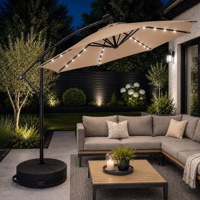 Samuel Alexander Solar Powered Cantilever Parasol with Crank Handle and White LED Lights in Beige, H 240 cm x W 300 cm x D 300 cm