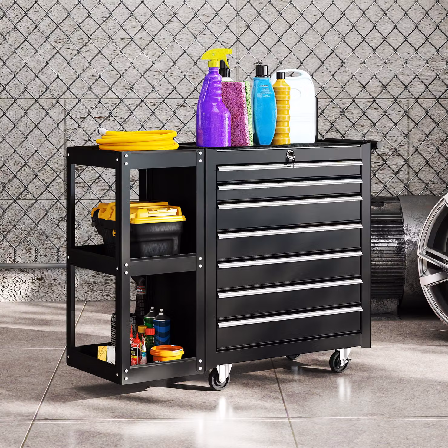 HOMCOM Lockable Steel 7-Drawer Tool Chest on Wheels, Black, W: 75 cm, D: 45 cm, H: 96 cm – 2