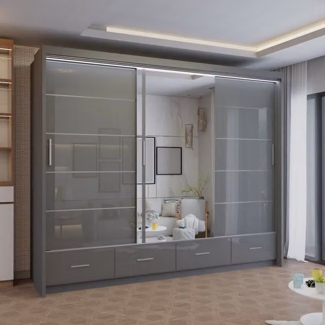 Sliding Wardrobes 4U Modern High Gloss Sliding Wardrobe with Integrated LED Light, Grey, W: 255 cm, H: 220 cm