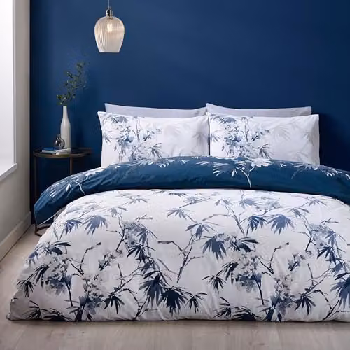 Catherine Lansfield Kyoto Floral Reversible Double Duvet Cover and Pillowcase Set in Blue, W/D/H: 200 x 200 cm and 50 x 75 cm