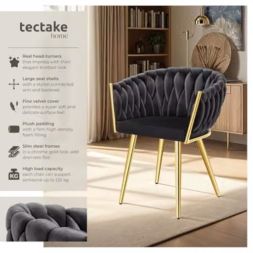 tectake Set of 2 Astano Dining Chairs with Velvet Fabric and Knot Design in Black and Gold – 4