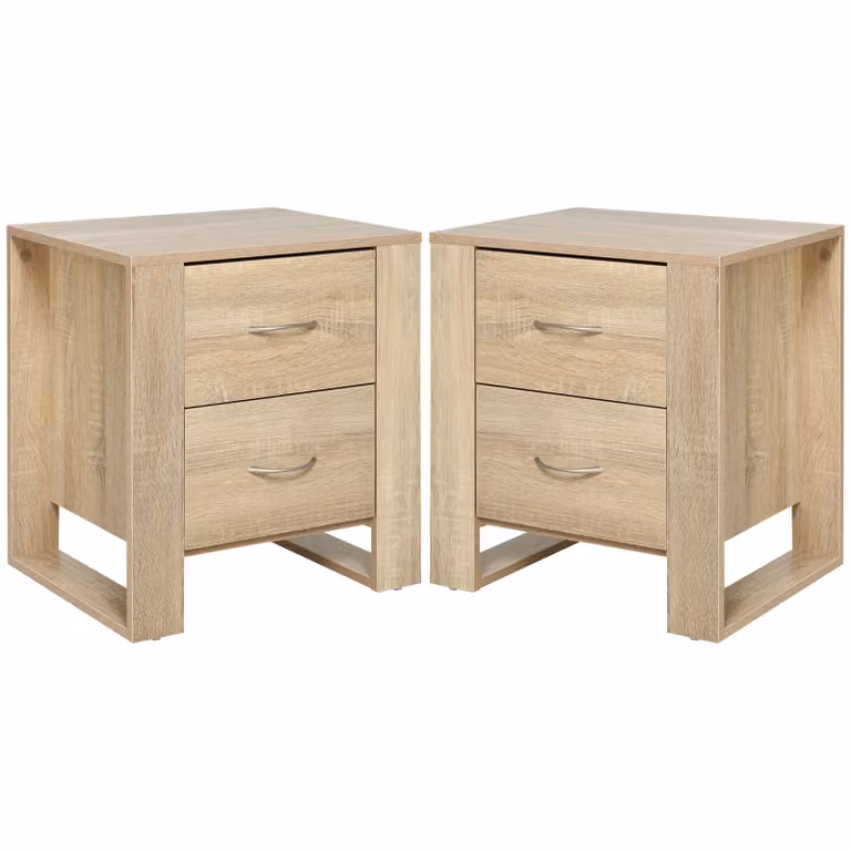 HOMCOM Set of 2 Brown Bedside Tables with 2 Drawers, Handles and Elevated Base
